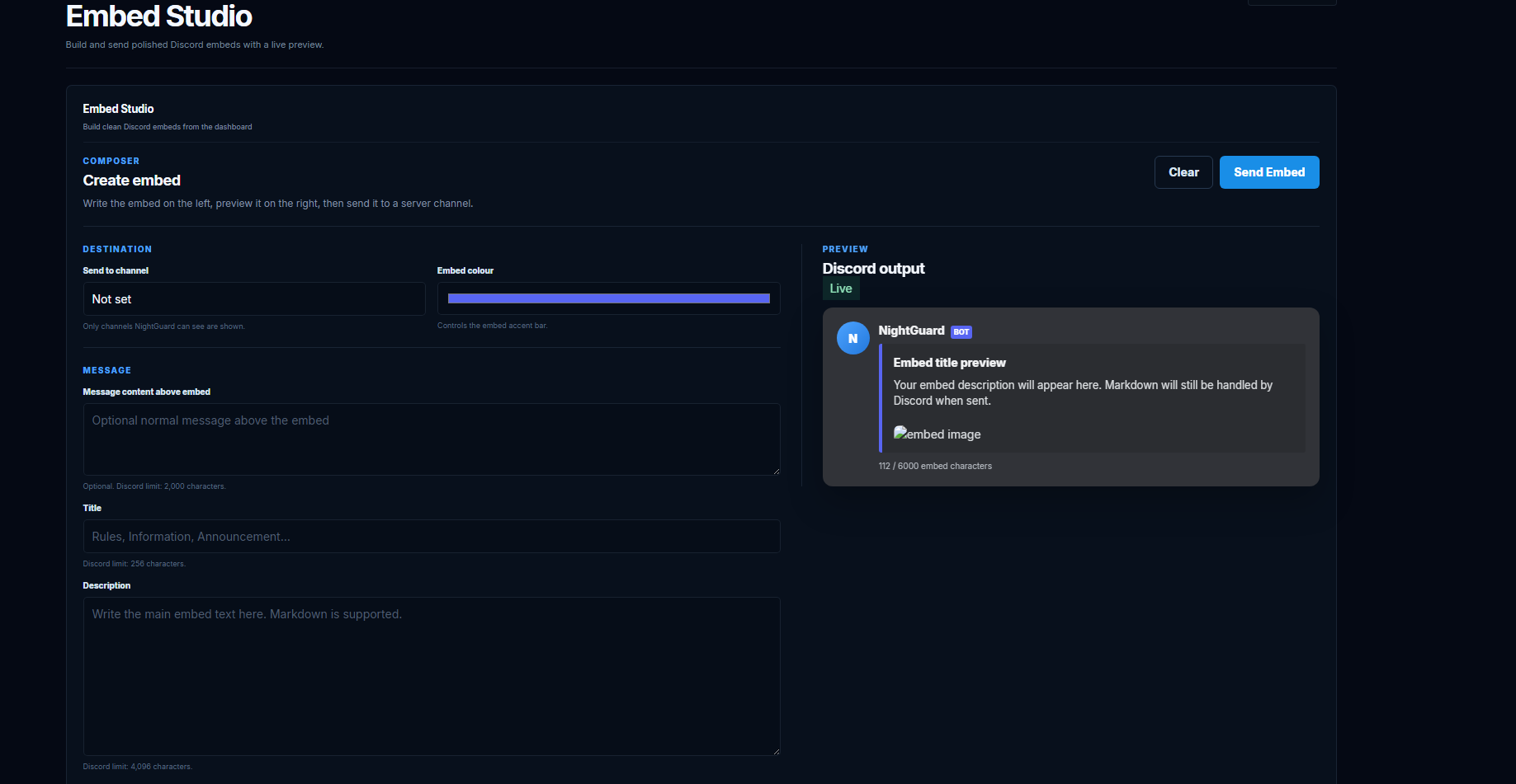 NightGuard Embed Studio with live Discord embed preview