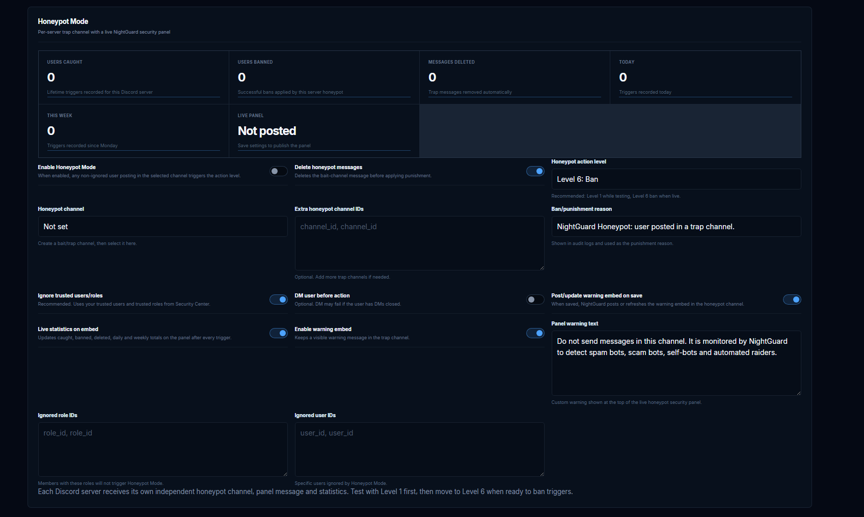 NightGuard Honeypot settings and live statistics