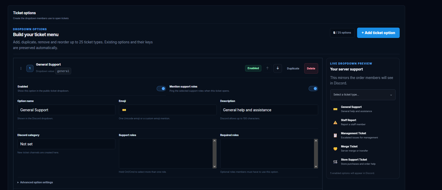 NightGuard dynamic ticket option builder with live Discord dropdown preview